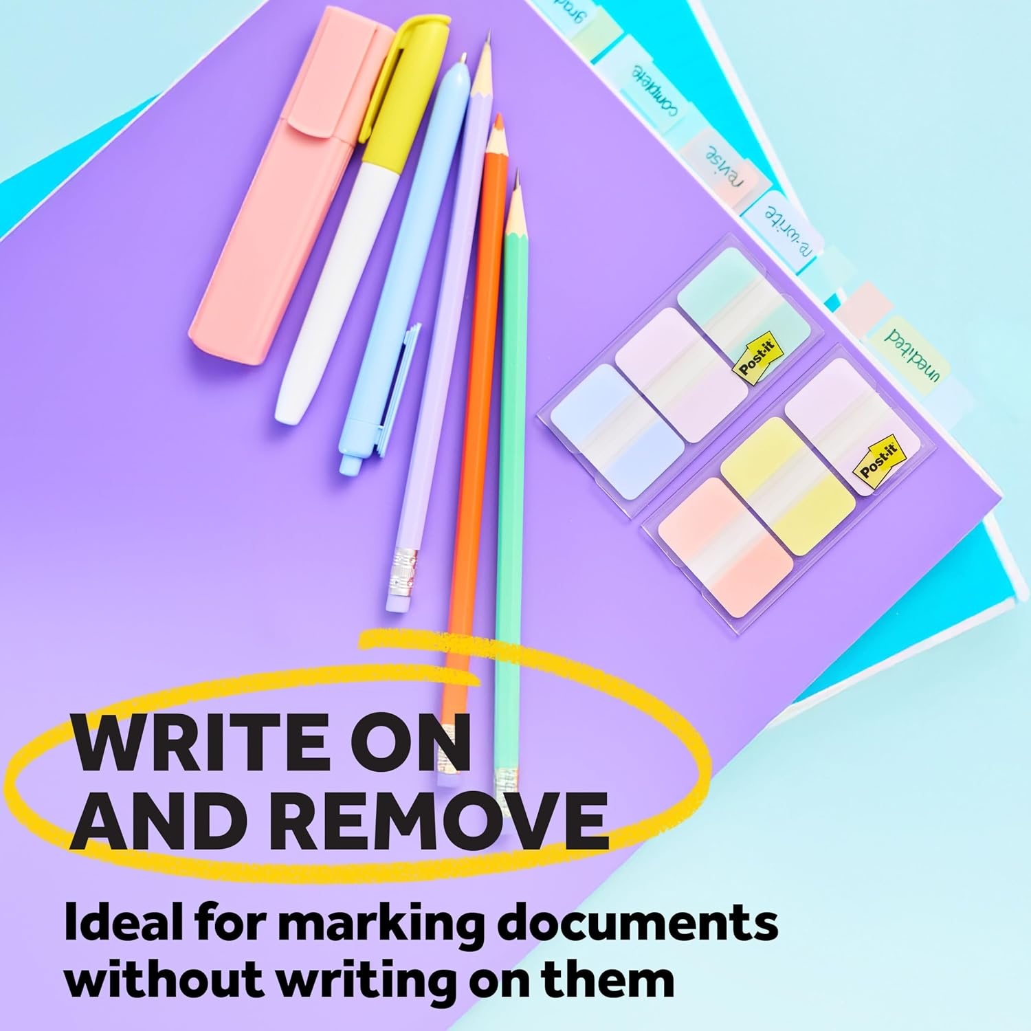 image:imagePostit Sticky Tabs 1 in x 15 in 3 Pads of Book Tabs in Assorted Cool Pastel Colors for Bookmarking Annotating Reading and Reminders Blue Purple and Green Colors 36 Total CountCool Pastels