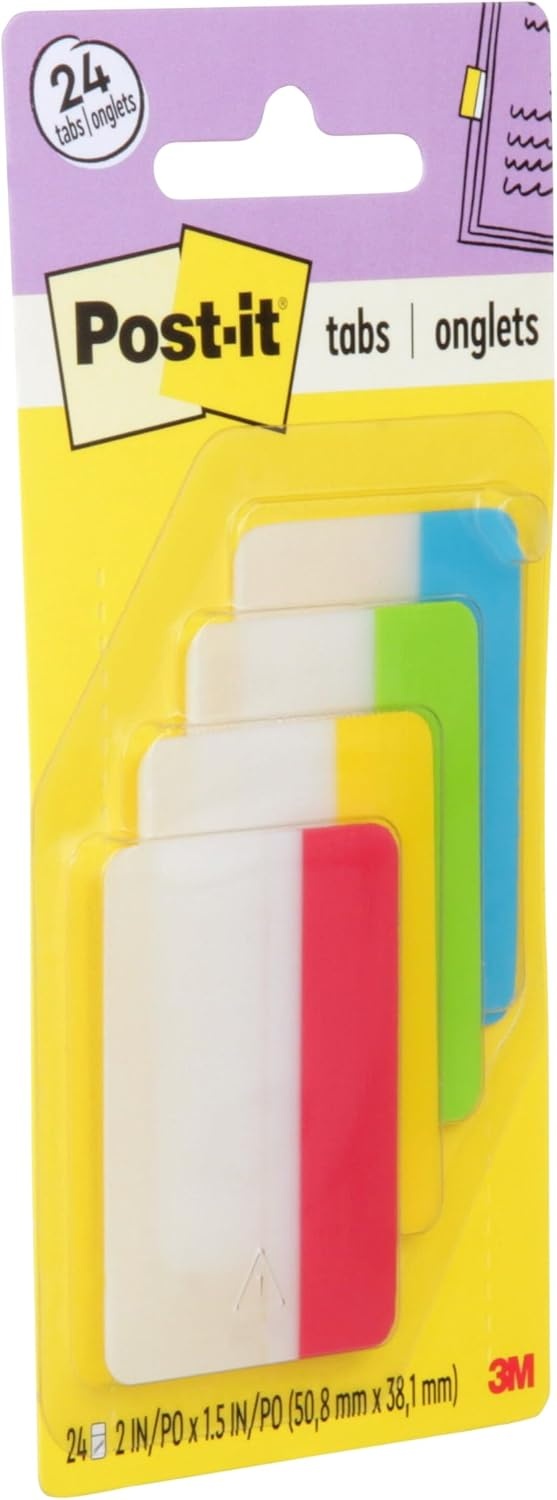 image:imagePostit Sticky Tabs 2 in x 15 in 4 Pads of Book Tabs in Assorted Primary Colors for Bookmarking Annotating Reading and Reminders Red Green Blue and Yellow 24 Total Count