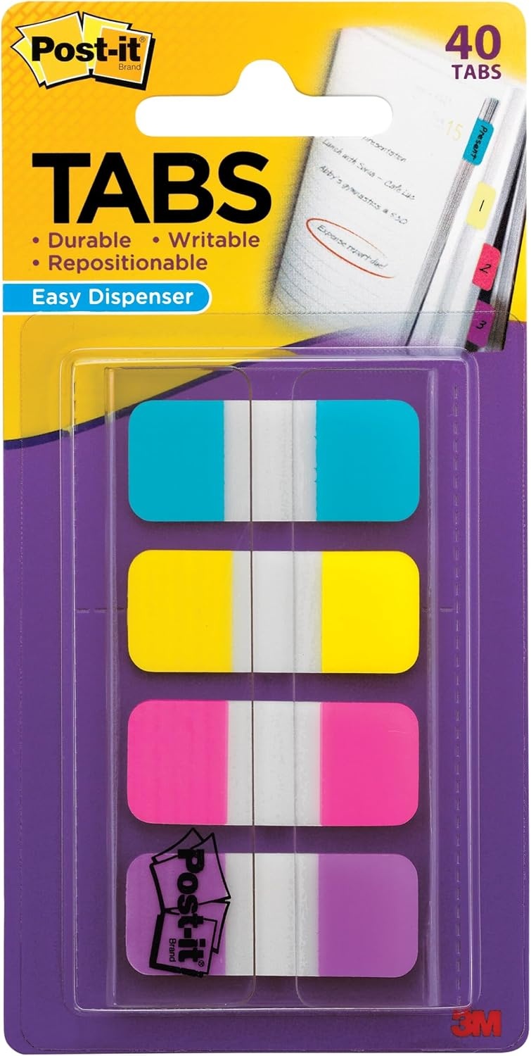image:imagePostit Sticky Tabs 625 in x 15 in 4 Pads of Book Tabs in Assorted Bright Colors for Bookmarking Annotating Reading and Reminders Pink Purple Yellow and Blue Colors 40 Total Count04 x 28 Pack of 2