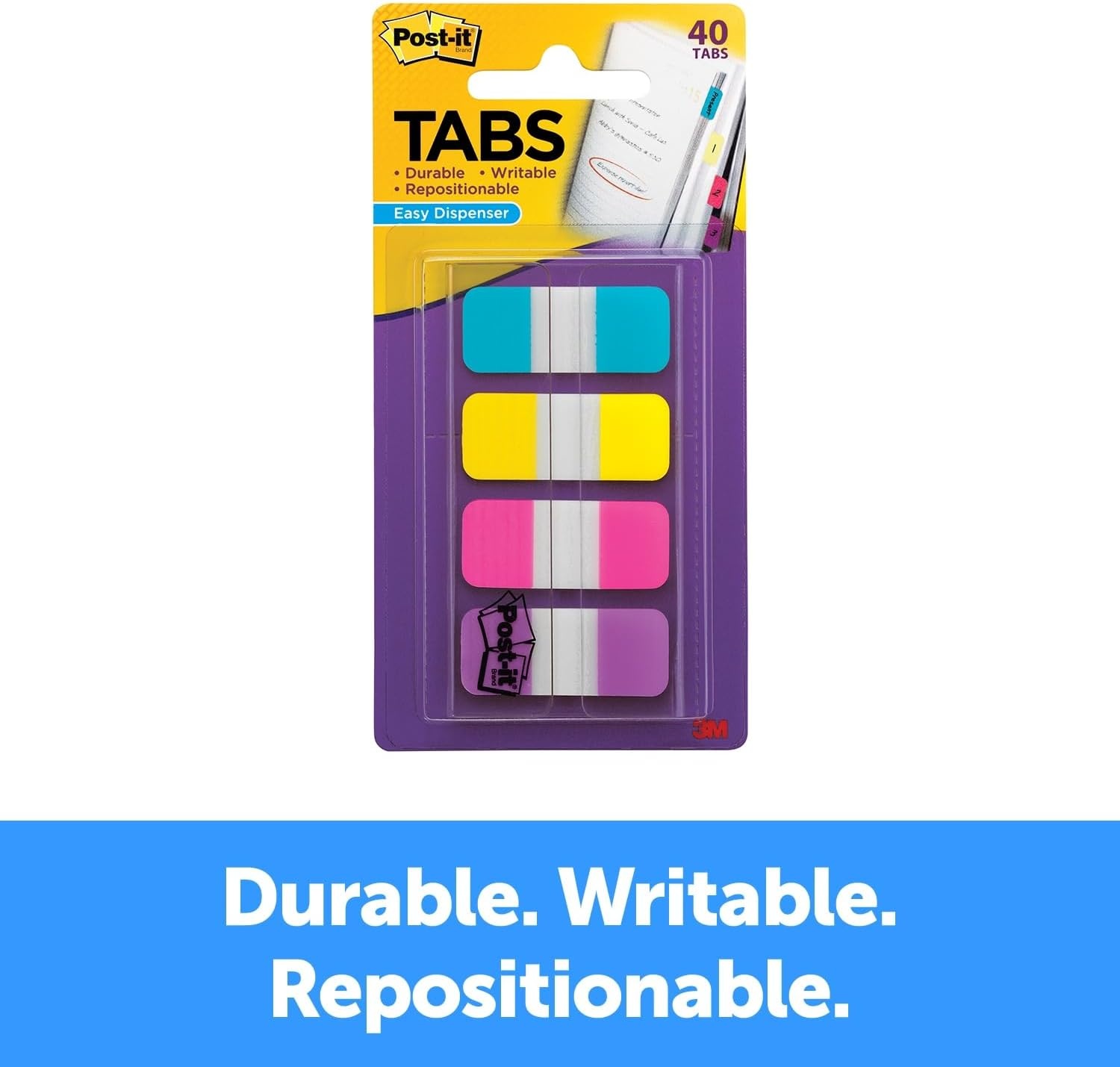 image:imagePostit Sticky Tabs 625 in x 15 in 4 Pads of Book Tabs in Assorted Bright Colors for Bookmarking Annotating Reading and Reminders Pink Purple Yellow and Blue Colors 40 Total Count04 x 28 Pack of 3