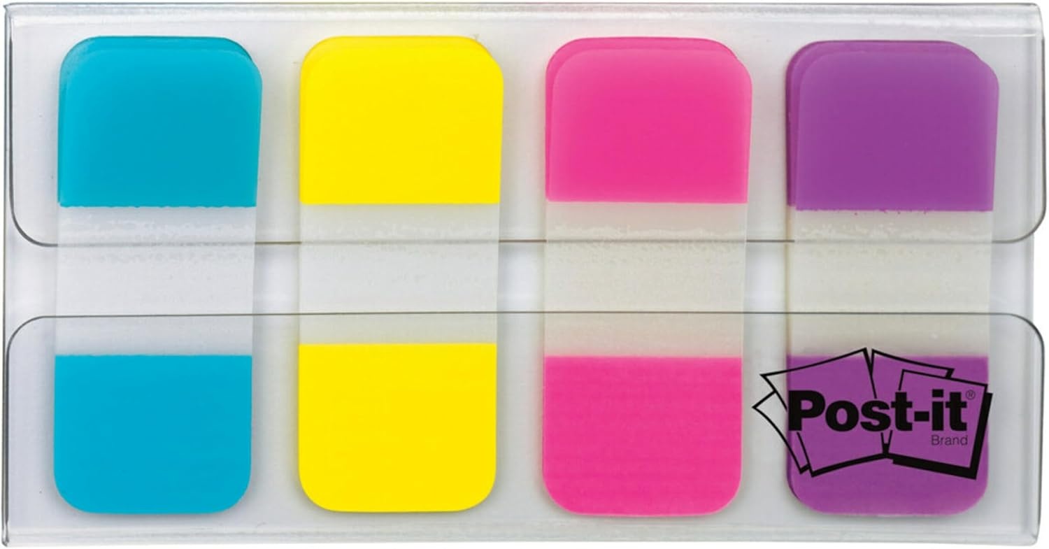 image:imagePostit Sticky Tabs 625 in x 15 in 4 Pads of Book Tabs in Assorted Bright Colors for Bookmarking Annotating Reading and Reminders Pink Purple Yellow and Blue Colors 40 Total Count04 x 28 Pack of 4