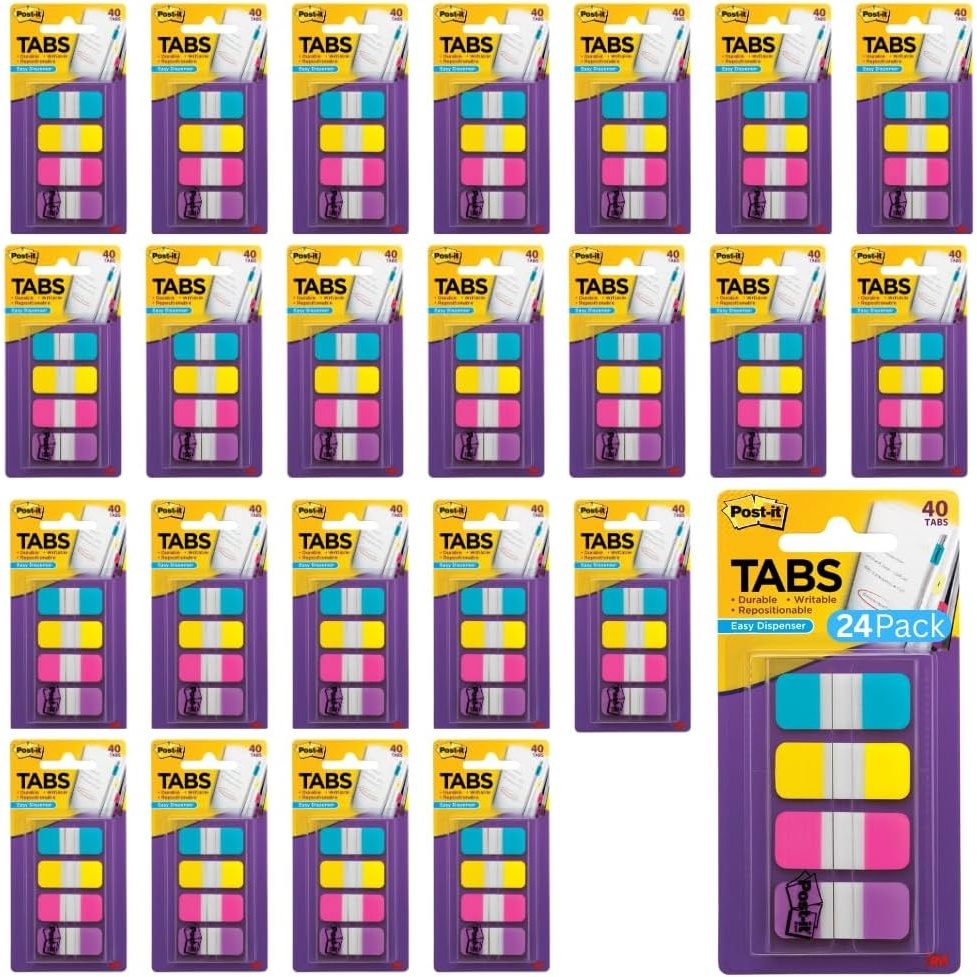 image:imagePostit Sticky Tabs 625 in x 15 in 4 Pads of Book Tabs in Assorted Bright Colors for Bookmarking Annotating Reading and Reminders Pink Purple Yellow and Blue Colors 40 Total Count04 x 28 Pack of 24