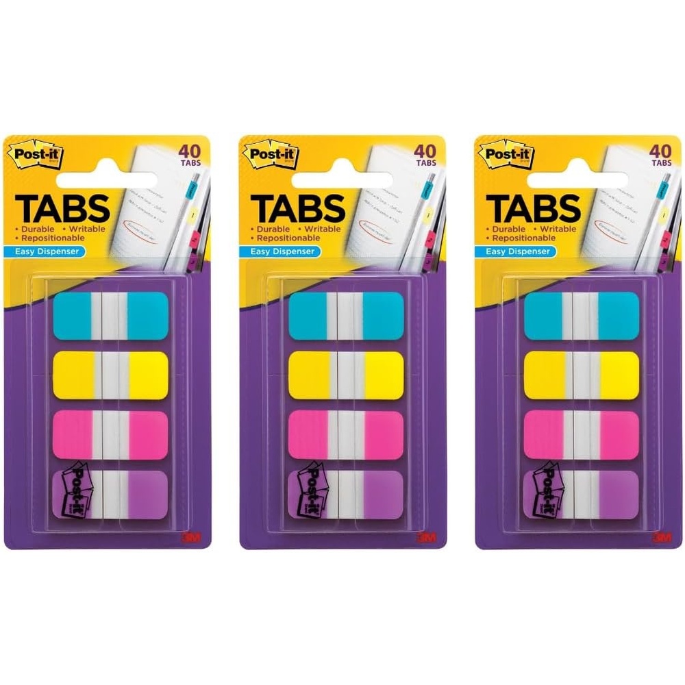 image:imagePostit Sticky Tabs 625 in x 15 in 4 Pads of Book Tabs in Assorted Bright Colors for Bookmarking Annotating Reading and Reminders Pink Purple Yellow and Blue Colors 40 Total Count04 x 28 Pack of 3