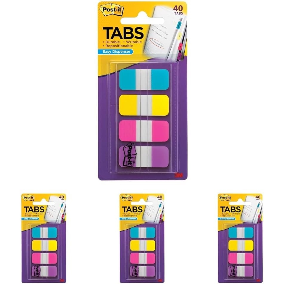 image:imagePostit Sticky Tabs 625 in x 15 in 4 Pads of Book Tabs in Assorted Bright Colors for Bookmarking Annotating Reading and Reminders Pink Purple Yellow and Blue Colors 40 Total Count04 x 28 Pack of 4