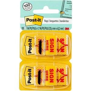 image:imagePostit Message Flags Sign Here 1 in x 17 in Two Dispensers with 50 Count Yellow Sticky Tabs Per Dispenser 100 Flags Total