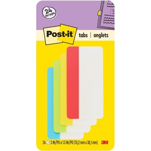 image:imagePostit Sticky Tabs 3 in x 15 in 4 Pads of Book Tabs in Assorted Primary Colors for Bookmarking Annotating Reading and Reminders Green Blue Yellow and Red Colors 24 Total Count
