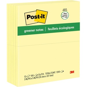 image:imagePostit Greener Notes 3 in x 5 in 12 Pads Americas 1 Favorite Sticky Notes Canary Yellow Clean Removal 100 Recycled Material 655RP24 x 3