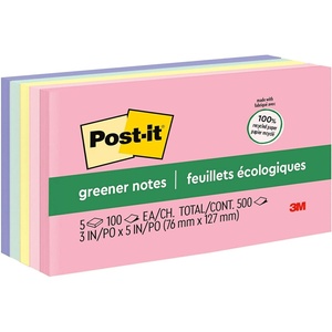 image:imagePostit Greener Notes 3x5 in 5 Pads Americas 1 Favorite Sticky Notes Helsinki Collection Pastel Colors Pink Blue Mint Yellow Clean Removal 100 Recycled Material 655RPA