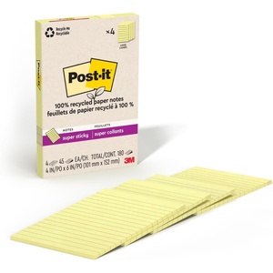 image:imagePostit Super Sticky 100 Recycled Notes 4 Sticky Note Pads 4 x 6 in 2X the Sticking Power Back to School Supplies for Students Memo Pads for Textbooks Canary YellowCanary Yellow