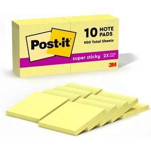 image:imagePostit Super Sticky Notes 3x3 in 10 Pads 2X The Sticking Power Canary Yellow Recyclable 65410SSCY Pack of 12 120 Count Total