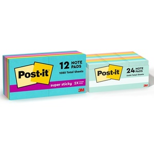image:imagePostit Super Sticky Notes 3x3 in 12 Pads 2X The Sticking Power Supernova Neons Bright Colors Recyclable 65412SSMIA amp Notes 15x2 in 24 Pads Americas 1 Favorite Sticky Notes Beachside