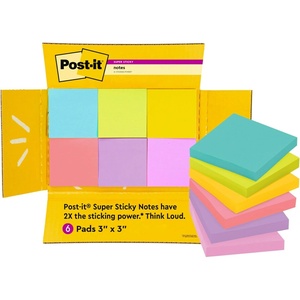 image:imagePostit Super Sticky Notes 6 Sticky Note Pads 3 x 3 in School Supplies Office Products Notes for Vertical Surfaces Monitors Walls and Windows Assorted Brights6Pads