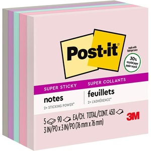 image:imagePostit Super Sticky Recycled Notes 3 x 3 in 5 Pads 2X The Sticking Power Wanderlust Collection Pastel Colors 30 Recycled Paper 6545SSNRP