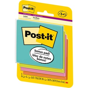 image:imagePostit Super Sticky Notes 3x3 in 4 Pads 2X the Sticking Power Miami Collection Neon Colors Orange Pink Blue Green Recyclable3321SSANB